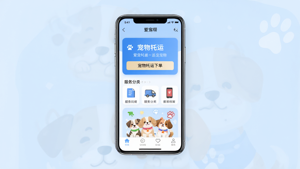 一张手机屏幕展示爱宠帮APP首页界面,画面中央放置一部智能手机,手机屏幕上显示爱宠帮宠物托运应用的首页,包含宠物托运下单入口、服务分类图标和可爱宠物插画。背景为柔和的浅蓝色渐变,画面简洁干净,采用扁平化UI风格,细节清晰,画质高清,无多余元素。