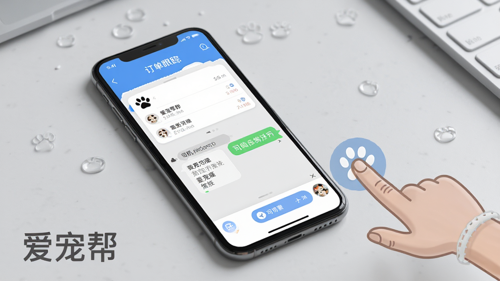 一张爱宠帮APP在手机上的操作界面展示图,画面中手机屏幕显示订单跟踪页面和司机聊天窗口,旁边有手指点击的示意图。背景为浅灰色桌面,风格写实,画质高清,细节清晰,带有“爱宠帮”文字标识,无多余元素。