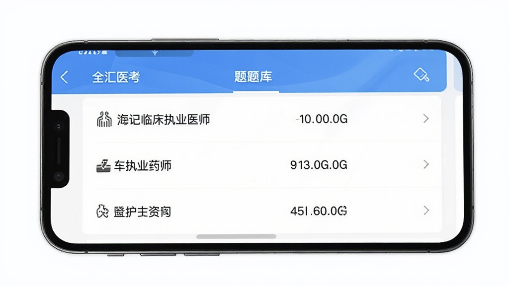一部手机屏幕展示“全汇医考”题库分类页面,左侧列表显示临床执业医师、执业药师、护士资格等科目,右侧显示对应题目数量,画面干净明亮,风格简约现代,画质清晰,无多余元素