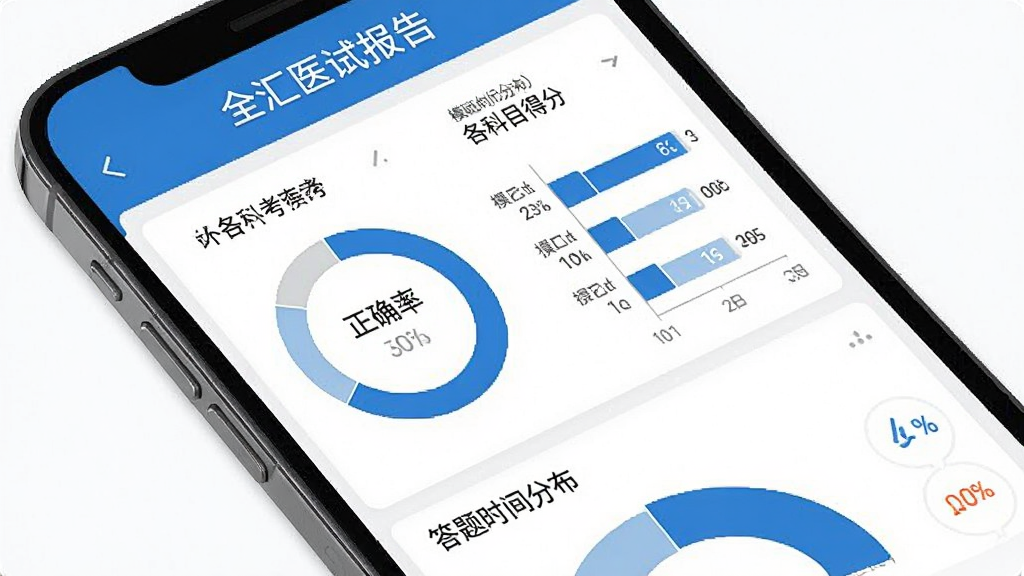 手机屏幕显示“全汇医考”模拟考试报告页面,包含环形正确率图表、各科目得分条形图、答题时间分布,界面风格专业简洁,配色以蓝白为主,画质干净,无多余元素