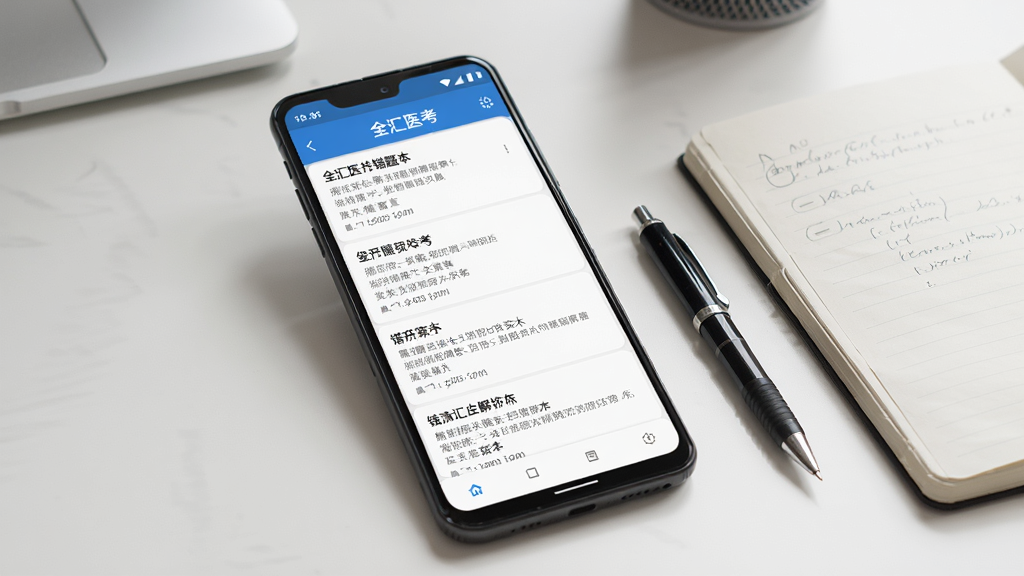 一部安卓手机展示“全汇医考”错题本页面,屏幕中列出多道错题及解析,手机旁边放着一支笔和笔记本,背景为整洁的书桌,风格写实,光线柔和,画质清晰,无多余元素