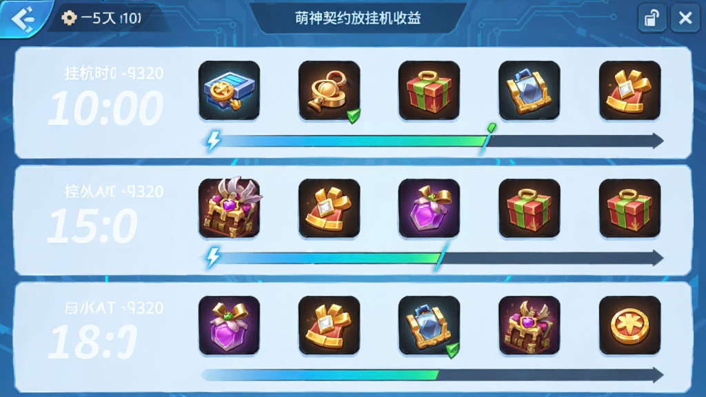 一张萌神契约放置挂机收益界面的示意图,画面展示挂机时间倒计时和丰富的奖励图标,背景是简约的蓝色科技感,布局为列表式排版,风格为二次元手游挂机系统界面,细节包括奖励图标清晰、进度条动态感,画质高清,干净,无多余元素