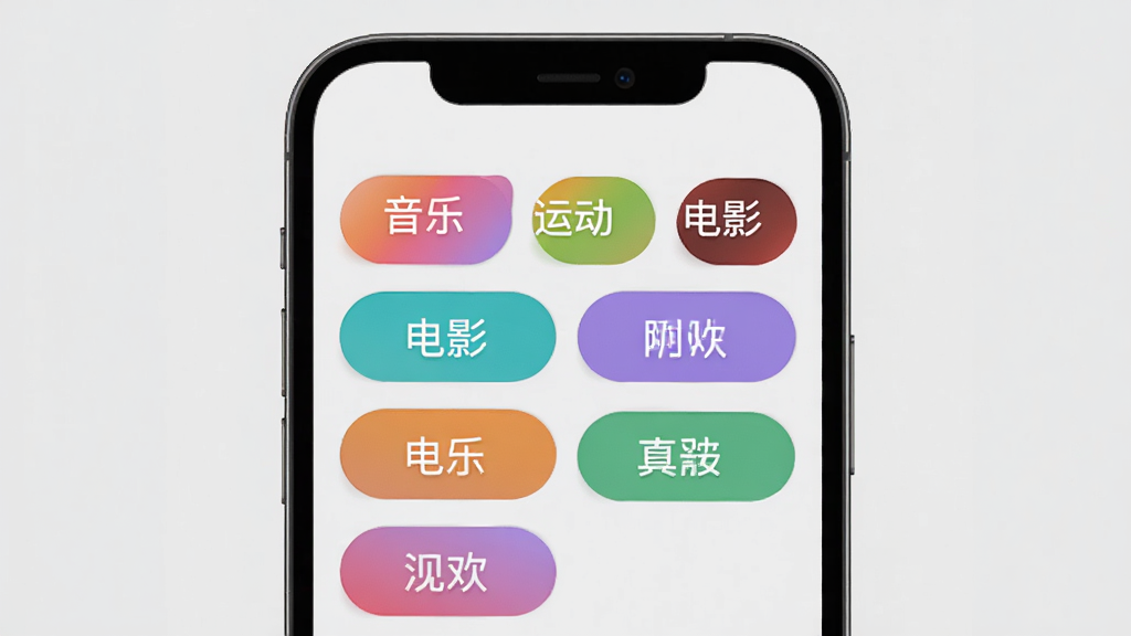 附近瞬欢兴趣标签匹配功能界面展示图,手机屏幕中显示多个彩色兴趣标签如音乐、运动、电影等,标签以圆角矩形排列,背景为浅灰色,界面清爽,风格简约现代,画质干净,无多余元素