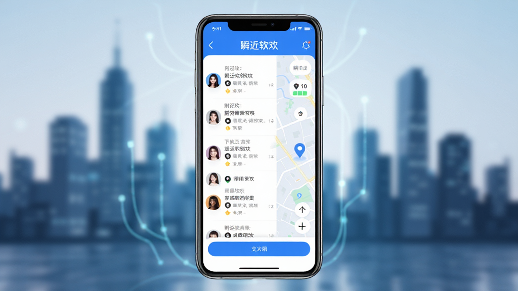一张展示附近瞬欢软件主界面的手机预览图,画面中央是手机屏幕,屏幕内显示附近瞬欢的聊天列表与地图定位界面,界面设计简洁明快,主色调为蓝白色,周围有模糊的城市剪影背景,风格现代科技感,细节清晰,画质干净,无多余元素