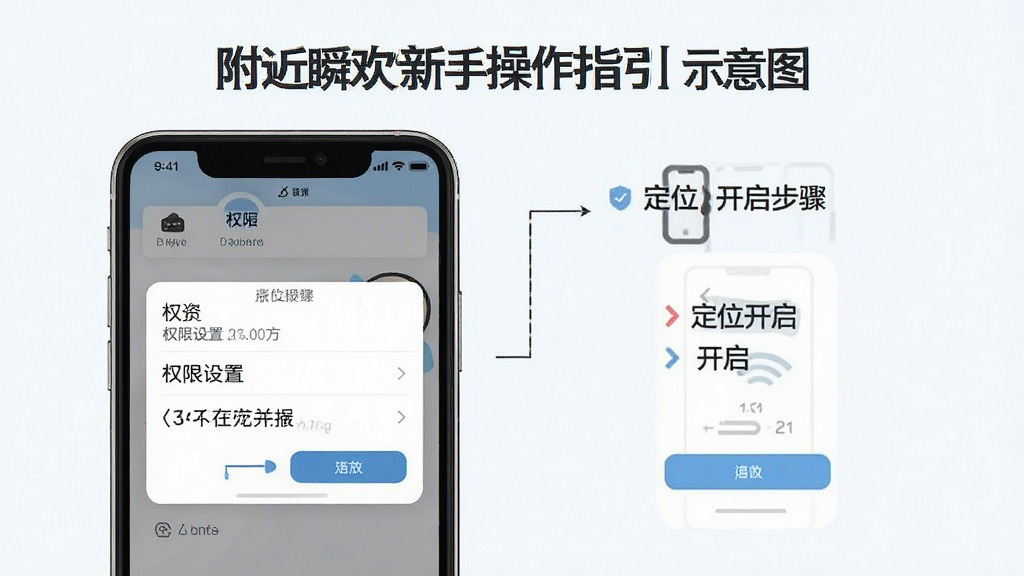 附近瞬欢新手操作指引示意图,手机屏幕中显示权限设置与定位开启步骤,界面以图文结合方式呈现,背景简洁,风格清晰易懂,画质干净,无多余元素