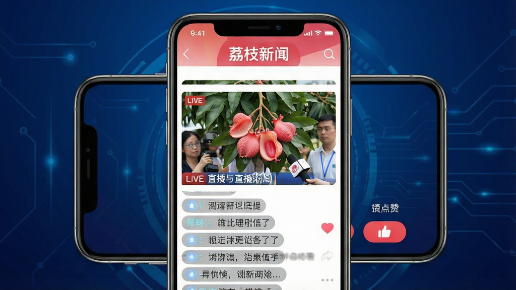 一幅展示荔枝新闻APP短视频与直播功能的图片,画面主体为一部横屏手机,手机屏幕显示“荔枝新闻”APP的直播界面,画面中有直播画面窗口、实时评论滚动区域和点赞按钮,屏幕上方有“荔枝新闻”文字标识。布局为手机居中,背景为深蓝色科技感渐变。排版突出直播画面与互动区域,风格为现代直播类APP界面展示。细节上,直播画面中有新闻现场场景,评论区域文字清晰。画质高清,画面干净,无多余元素。