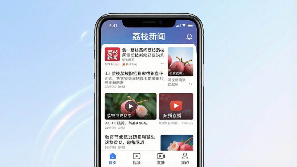 一幅展示荔枝新闻APP核心全貌的图片,画面主体为一部智能手机,手机屏幕显示荔枝新闻APP首页界面,界面中清晰展示“荔枝新闻”文字标识,屏幕内呈现新闻资讯列表、短视频卡片和直播入口等元素。布局采用居中构图,手机置于画面中央,背景为柔和的蓝白色渐变。排版简洁大方,风格为现代科技感UI展示风格。细节方面,手机边框有轻微光影反射,屏幕内文字清晰可辨,底部导航栏包含首页、视频、直播、我的等图标。画质为高清4K,画面干净,无多余元素。