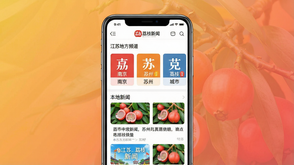 一幅展示荔枝新闻APP本土化内容特色的图片,画面主体为一部智能手机,屏幕显示“荔枝新闻”APP的江苏地方频道页面,页面中有“荔枝新闻”标识,展示南京、苏州等城市频道入口和本地新闻列表。布局为手机居中,背景为暖色调渐变。排版突出地方频道入口和新闻卡片,风格为现代资讯类APP界面展示。细节上,城市名称标签清晰可见,新闻缩略图色彩鲜艳。画质高清,画面干净,无多余元素。