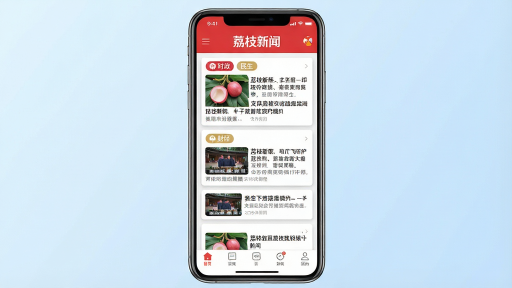 一幅展示荔枝新闻APP实时资讯推送功能的图片,画面主体为一部竖屏手机,屏幕中显示“荔枝新闻”APP的新闻推送界面,顶部有醒目的“荔枝新闻”Logo,界面内展示多条新闻卡片,包含时政、民生、财经等分类标签,每条新闻配有缩略图和标题文字。布局为手机居中展示,背景为浅蓝色渐变。排版清晰有序,风格为现代新闻资讯类APP界面展示。细节上,卡片带有轻微阴影效果,界面底部有底部导航栏。画质高清,画面干净整洁,无多余元素。