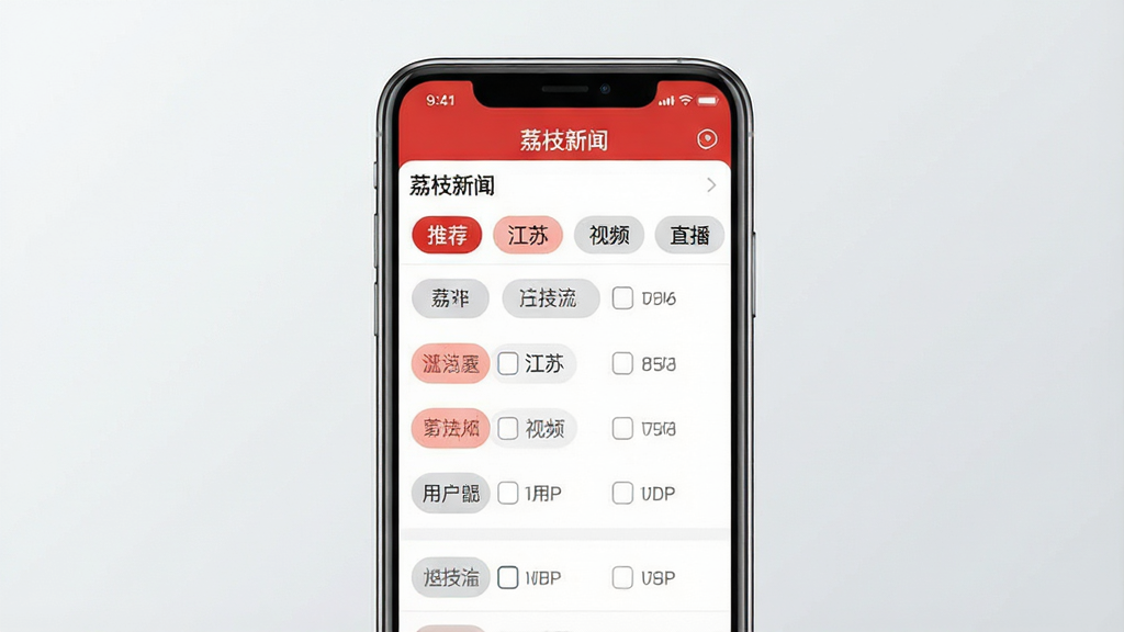 一幅展示荔枝新闻APP个性化推荐功能的图片,画面主体为一部智能手机,屏幕显示“荔枝新闻”APP的频道订阅管理界面,页面顶部有“荔枝新闻”文字,界面中展示多个频道标签如推荐、江苏、视频、直播等,用户可勾选订阅。布局为手机居中,背景为浅灰色渐变。排版清晰,标签排列整齐,风格为现代APP设置界面展示。细节上,已订阅频道有高亮标记,未订阅频道为灰色。画质高清,画面干净,无多余元素。