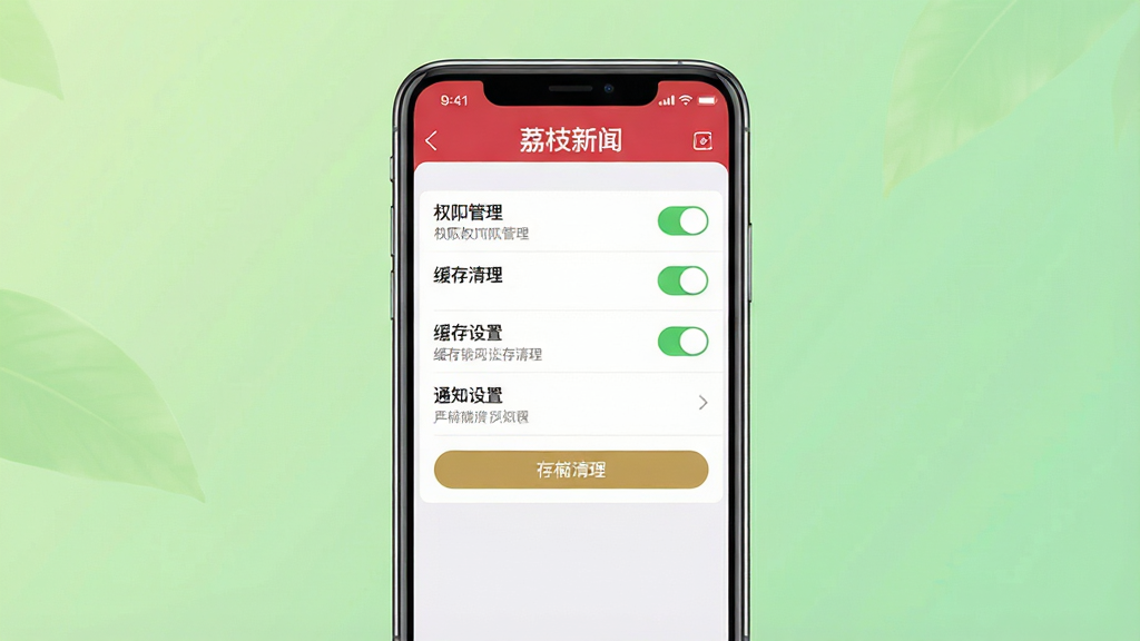 一幅展示荔枝新闻APP新手使用指南的图片,画面主体为一部智能手机,屏幕显示“荔枝新闻”APP的设置界面,界面中包含权限管理、缓存清理、通知设置等选项,屏幕上方有“荔枝新闻”文字标识。布局为手机居中,背景为浅绿色渐变。排版清晰,设置项排列整齐,风格为现代APP设置界面展示。细节上,权限开关和缓存清理按钮清晰可见,界面简洁。画质高清,画面干净,无多余元素。