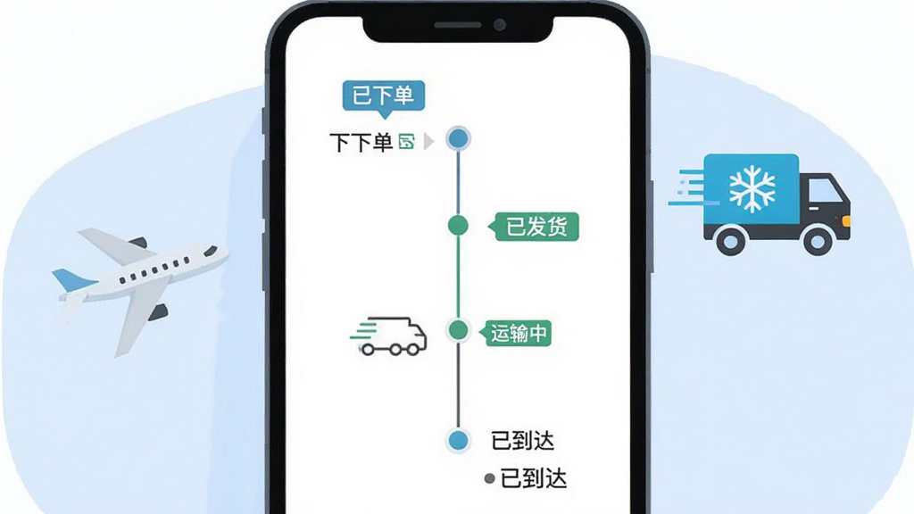 好香美APP订单物流跟踪页面示意图,画面中手机屏幕显示订单状态时间轴,包含已下单、已发货、运输中、已到达四个节点,屏幕旁边有飞机和冷链车图标,背景为淡蓝色,布局为居中构图,风格为简约扁平插画,细节包含时间轴线条和状态标签,画质高清干净无多余元素