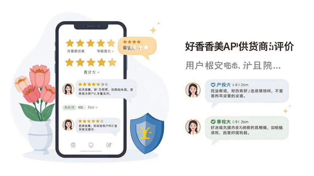 好香美APP供货商评价页面插画,画面主体为手机屏幕显示五星评分和用户评价文字,屏幕周围有鲜花和盾牌图标,背景为白色,布局为左图右文结构,风格为商业扁平插画,细节包含评分星星和评价气泡,画质清晰干净无多余元素