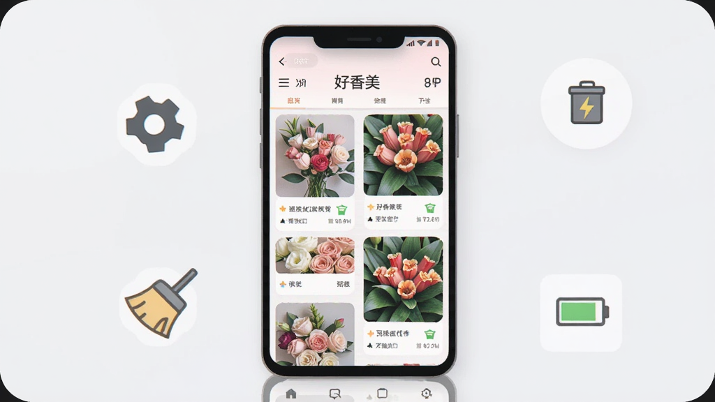 好香美APP在安卓手机上运行的界面预览图,画面中手机屏幕显示好香美首页鲜花商品瀑布流,手机旁边有设置齿轮、清理缓存图标和电池图标,背景为浅灰色桌面,布局为居中构图,风格为科技扁平插画,细节包含商品卡片和功能图标,画质高清干净无多余元素