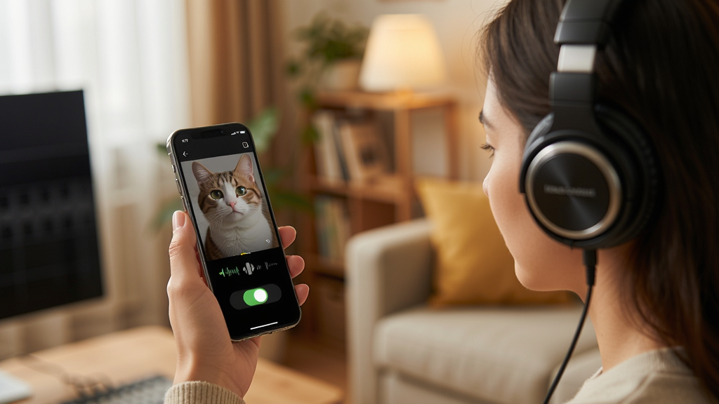 猫头音实时耳返功能展示图,画面中一个人戴着耳机对着手机录音,手机屏幕上显示录音界面和耳返开关,背景为温馨的室内环境,风格生活化,细节清晰,画质高清,干净无多余元素