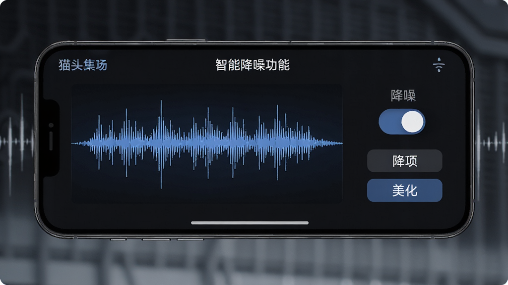 猫头音智能降噪功能界面展示图,画面中一部手机横屏显示音频波形图,波形图旁边有降噪开关和声音美化选项按钮,背景为深色科技风格,屏幕上的文字标注为中文,细节清晰,画质高清,干净无多余元素