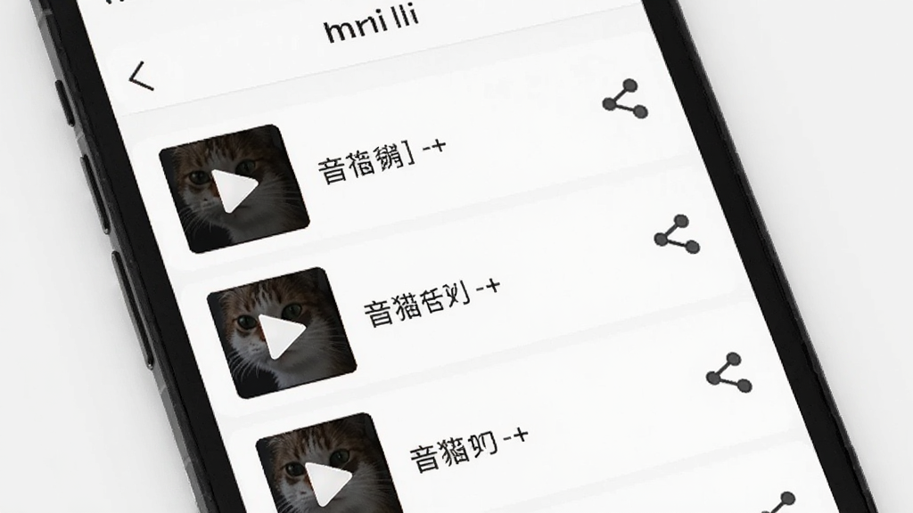 猫头音作品管理界面展示图,手机屏幕上显示音频文件列表,每个文件带有播放按钮和分享图标,界面布局整齐,背景为白色简洁风格,画质高清,干净无多余元素