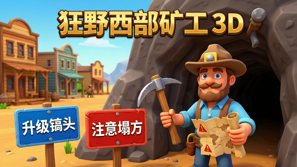 西部矿工站在矿洞入口处,一手拿镐头一手拿地图,面前有红色警示牌写着“注意塌方”,旁边有蓝色提示牌写着“升级镐头”,背景是西部小镇与矿洞,画面采用卡通3D风格,色彩明快,画面中央上方用金色字体写着“狂野西部矿工 3D”,整体干净整洁,画质清晰