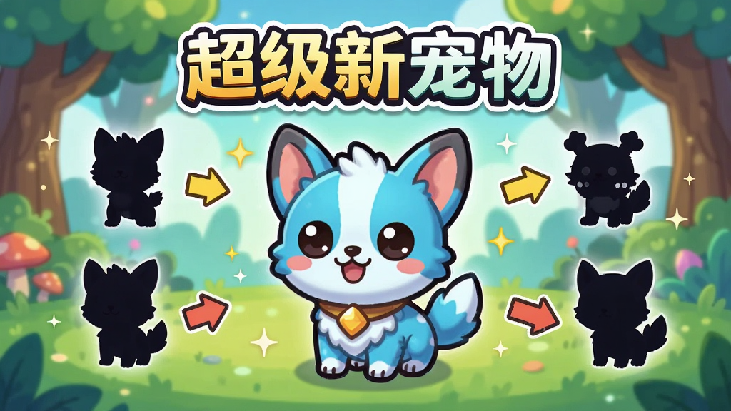 画面中央展示一只可爱的小宠物角色,周围环绕着进化形态的剪影,背景是梦幻的卡通森林场景,整体采用明亮鲜艳的Q版风格,画面中带有