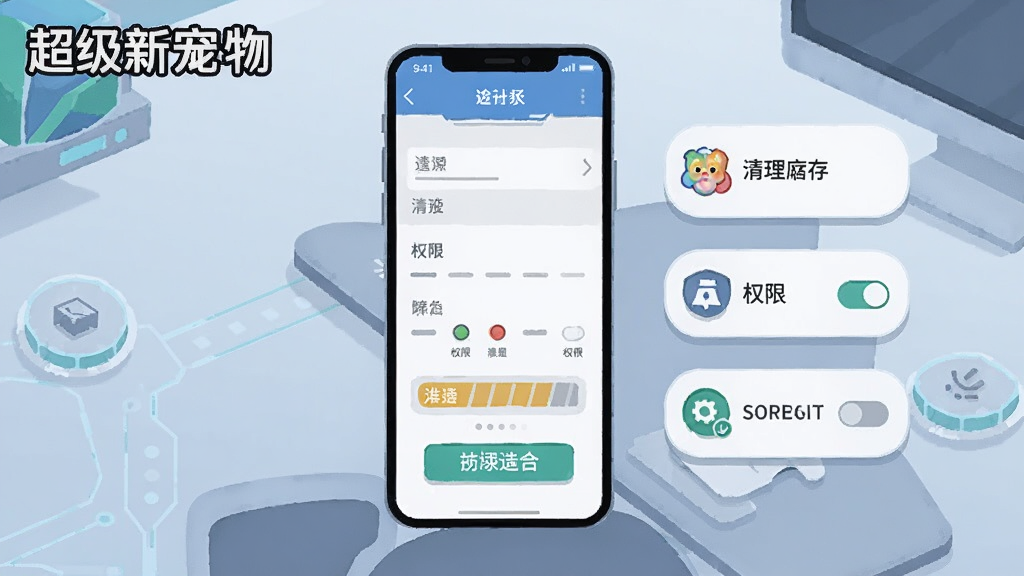 画面展示一部智能手机屏幕上显示游戏设置界面,旁边有清理缓存、权限开关等图标,背景为简洁的科技风格桌面,整体采用扁平化插画风格,画面中带有