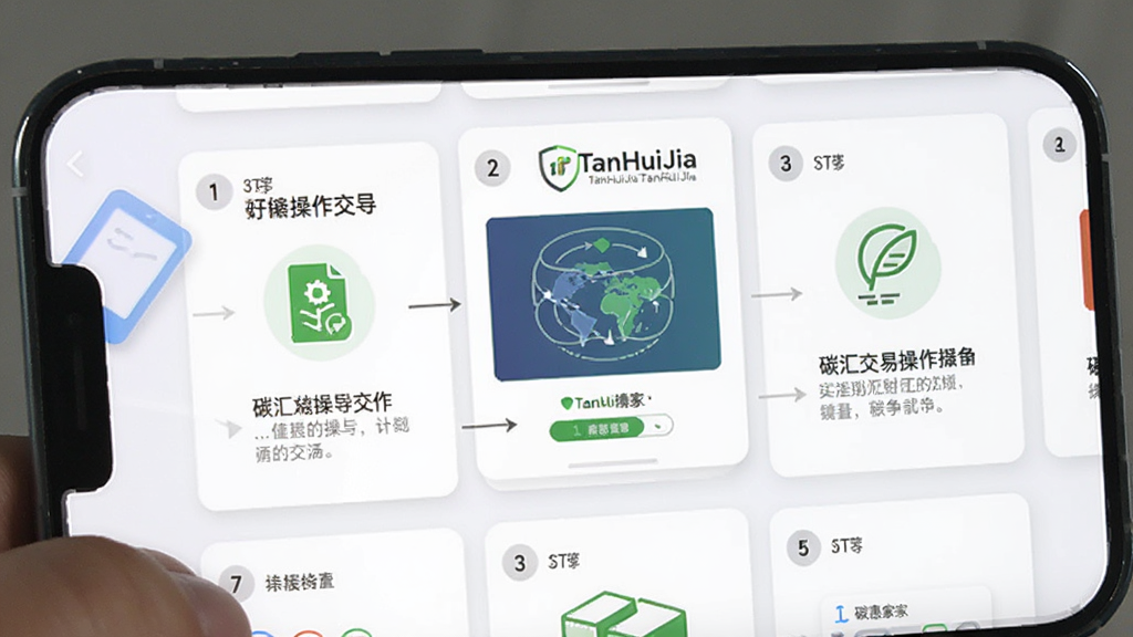 一张展示碳惠家(TanHuiJia)软件在新手引导页面的手机截图,画面中央为分步操作提示卡片,配有