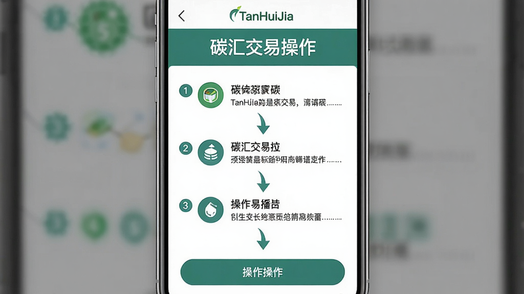 一张碳惠家(TanHuiJia)软件内碳汇交易操作指引页面的手机截图,画面显示分步操作流程图,每一步配有图标和文字说明,顶部有