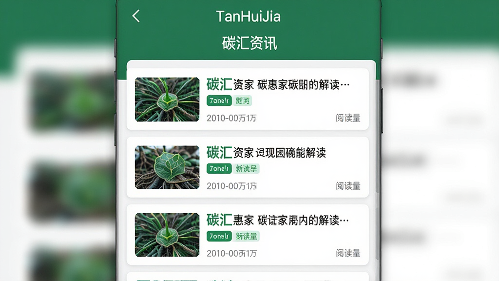 一张碳惠家(TanHuiJia)软件内碳汇资讯解读页面的界面截图,画面中央为碳汇价值科普文章列表,每篇文章配有缩略图和标题,顶部有