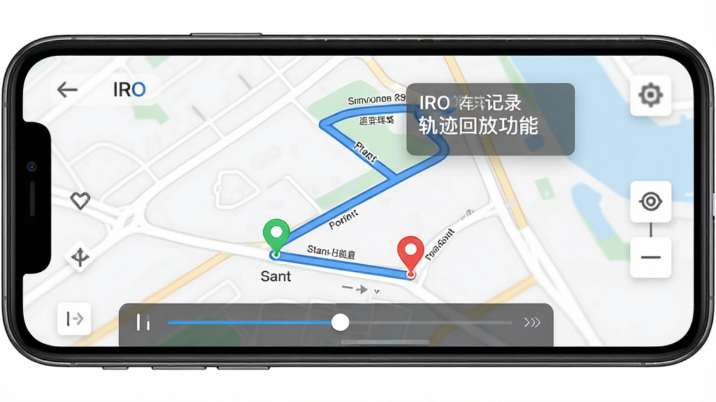 IRO行车记录与轨迹回放功能展示图,主体为手机屏幕显示IRO应用中的地图轨迹回放界面,布局为全屏地图加底部时间轴控制条,排版突出轨迹线条与起终点标记,风格为清爽简约的移动端UI设计,细节包括蓝色轨迹线、绿色起点标记、红色终点标记、半透明信息浮层,画质高清,干净,无多余元素