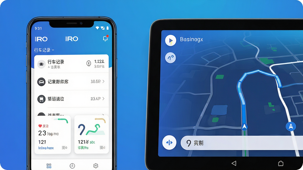 IRO智能车载助手应用界面展示,主体为一部安卓手机与车载屏幕互联的画面,布局采用左右分栏,左侧手机屏幕显示IRO应用主界面包含行车记录列表与车辆状态卡片,右侧车机屏幕同步展示实时轨迹地图,排版整洁有序,风格为现代科技感扁平化设计,细节包括蓝色渐变背景、白色卡片式模块、圆形功能图标,画质高清,干净,无多余元素