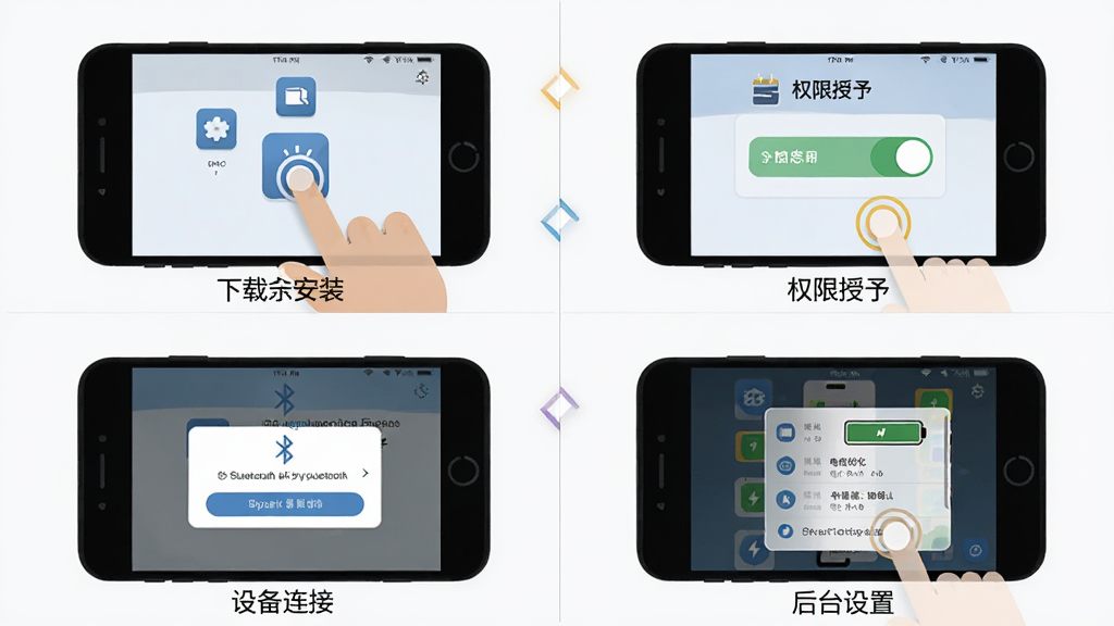 IRO新手安装设置操作示意图,主体为手机屏幕分步展示IRO安装与权限设置流程,布局为四格分镜排版,排版从左到右从上到下依次为下载安装、权限授予、设备连接、后台设置,风格为扁平化教程插图,细节包括手指点击图标、权限开关、蓝牙配对弹窗、电池优化界面,画质高清,干净,无多余元素