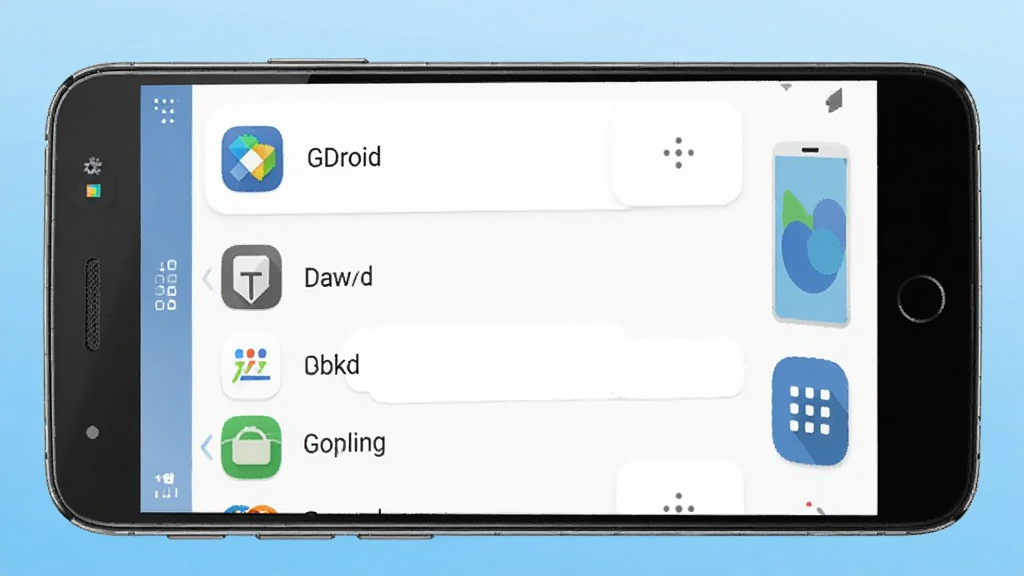 一张展示 GDroid 软件主界面的概念图,画面中央是一部安卓手机,手机屏幕上显示简洁的应用列表和功能按钮,背景为浅蓝色渐变,风格干净清爽,细节包括手机边缘的反光和应用图标的圆角设计,画质清晰,无多余元素