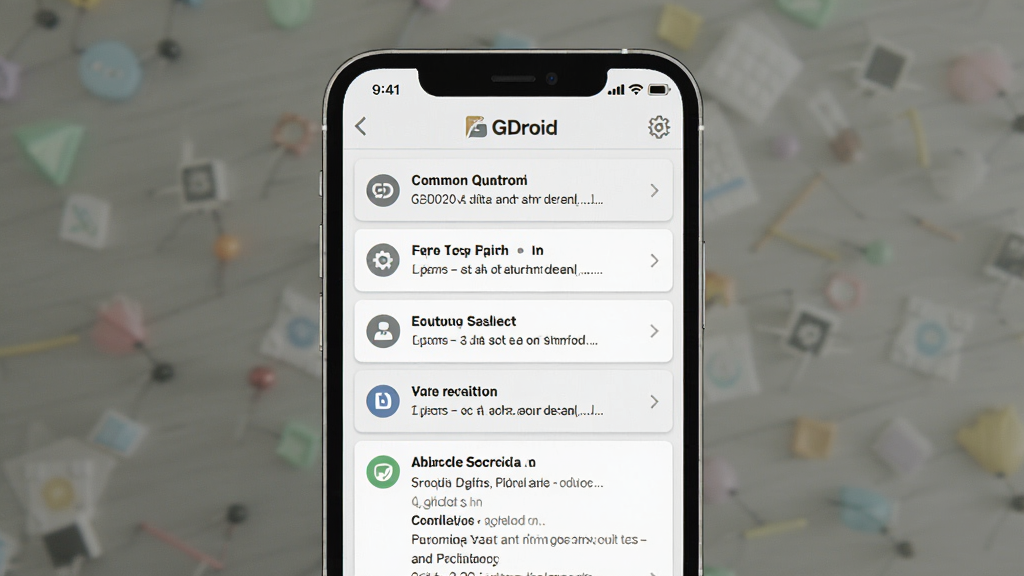 一张展示 GDroid 软件问答界面的概念图,画面为手机屏幕显示常见问题列表和解答区域,风格简洁清晰,配色为浅灰和白色,细节包括文字排版和图标装饰,画质干净无多余元素