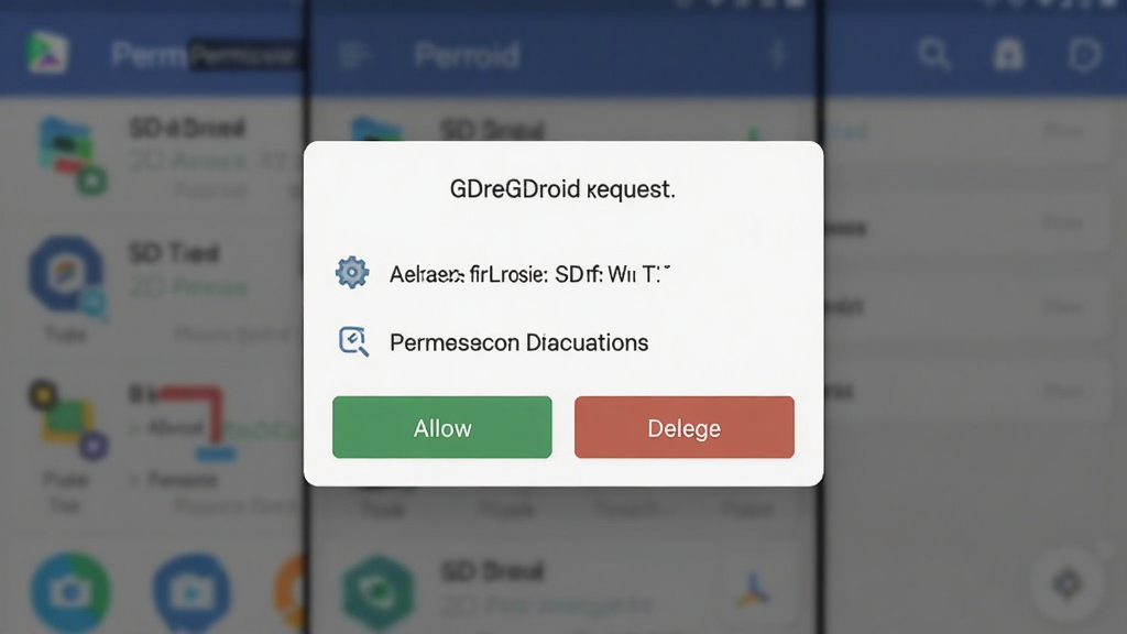 GDroid 权限请求弹窗的示意图,手机屏幕上显示权限列表和允许/拒绝按钮,背景为模糊的应用界面,风格简洁,重点突出权限选项,画质干净无多余元素