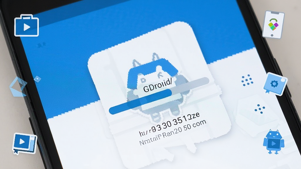 一部安卓手机正在下载 GDroid 安装包的界面特写,屏幕显示下载进度条和文件大小信息,周围有简洁的图标装饰,风格为扁平化设计,主色调为蓝色和白色,画质干净清晰