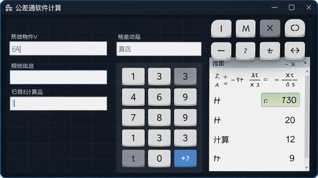 公差通软件计算工具界面,画面中显示输入框和计算结果区域,数字键盘与公式符号悬浮在屏幕上,背景有淡淡的网格线,风格现代科技,排版整齐,细节丰富,画质高清,干净,无多余元素