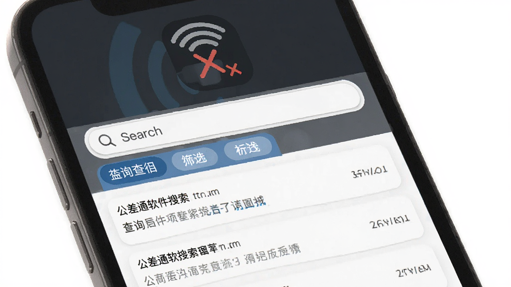 公差通软件搜索界面,手机屏幕上显示搜索框和筛选标签,下方列出多条查询结果,背景有无线网络关闭的图标暗示离线状态,风格清爽,排版有序,画质清晰,干净,无多余元素