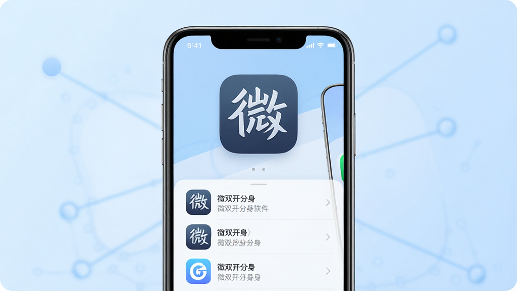 一张展示微双开分身软件主界面的图片,画面中央是手机屏幕,屏幕上显示微双开分身的应用图标和已添加的分身应用列表,背景是简洁的浅蓝色渐变,风格为现代科技感UI设计,细节包括圆角图标、清晰的文字标签,画质高清,干净无多余元素