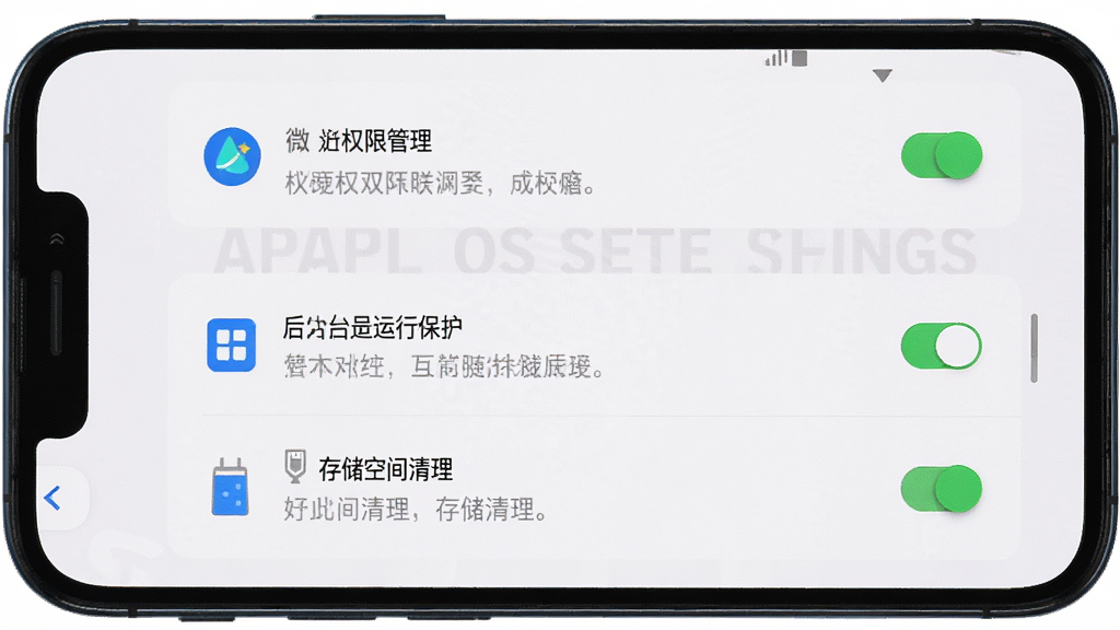 一张展示微双开分身设置界面的图片,画面中手机屏幕上显示应用权限管理、后台运行保护、存储空间清理等设置选项,布局清晰,风格为简洁实用的设置界面设计,细节包括开关按钮、文字说明、图标标识,画质高清,干净无多余元素