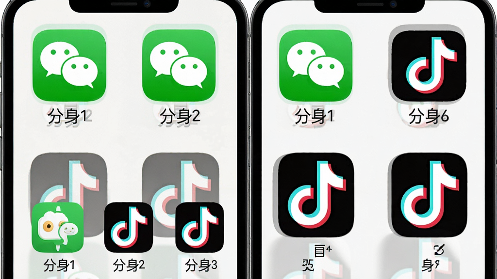 一张展示微双开分身多开功能的图片,画面中一部手机屏幕上同时显示多个微信图标和多个抖音图标,每个图标下方标注“分身1”“分身2”等字样,布局整齐排列,风格为扁平化设计,细节包括清晰的图标和文字,画质高清,干净无多余元素