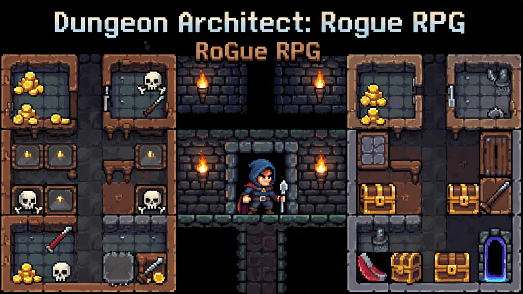 一张展示Dungeon Architect: Rogue RPG游戏主界面的横版宣传图,画面中央是像素风格的盗贼角色站在地牢入口,左右两侧分布着可建造的房间网格与陷阱图标,顶部有游戏标题Dungeon Architect: Rogue RPG,背景为幽暗的地下城石砖墙壁与火把光晕,整体布局采用对称式排版,风格为复古像素RPG美术,细节包含金币堆、骷髅怪物、宝箱与传送门,画质清晰,画面干净,无多余元素