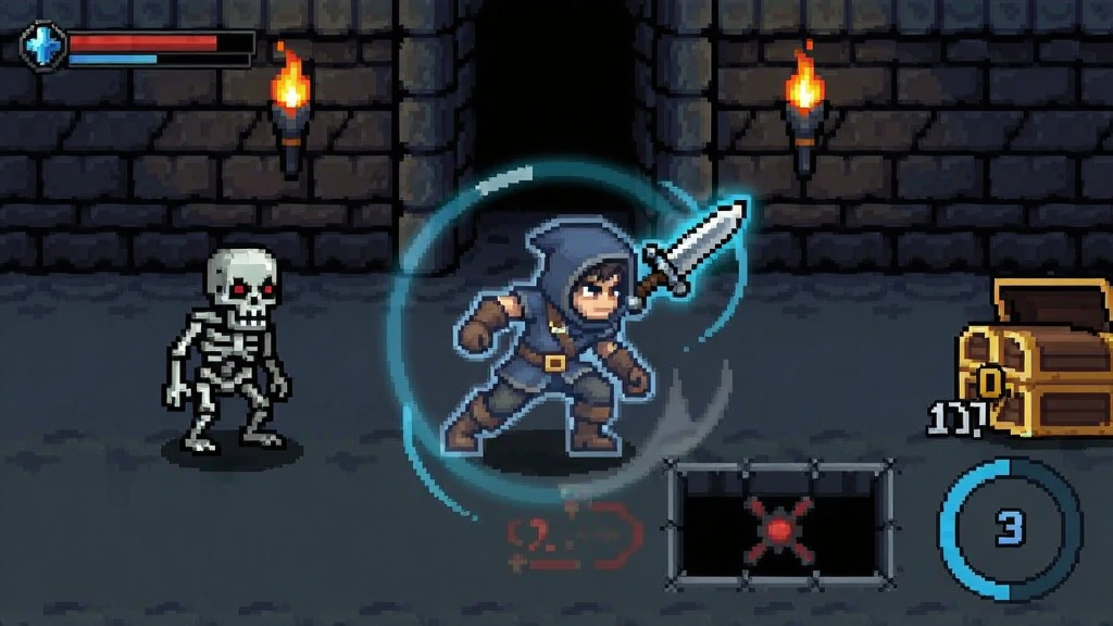 一张展示Dungeon Architect: Rogue RPG盗贼角色技能释放的横版战斗图,画面中像素盗贼正处于潜行半透明状态,背后浮现背刺匕首图标,前方是未察觉的骷髅怪物与宝箱,地面有陷阱触发标记,背景为地牢走廊与火把,风格为像素动作RPG,细节包含技能冷却环、伤害数字预览与阴影效果,画质清晰,画面干净,无多余元素