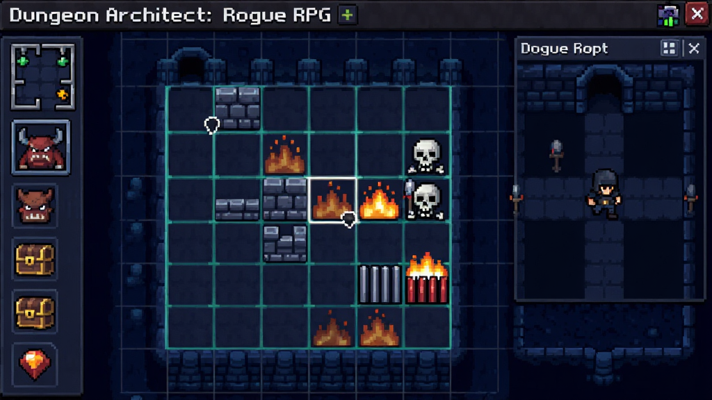 一幅像素风格的地牢建造界面截图,画面中Dungeon Architect: Rogue RPG的网格化地牢编辑器占据主体,玩家正在拖拽墙壁与陷阱模块,左侧工具栏显示房间、怪物、宝藏分类图标,右侧预览窗口展示盗贼角色即将进入的路线,背景为深蓝色调的地下城氛围,风格为像素策略游戏UI,细节包含高亮网格线、可放置的火焰陷阱与骷髅守卫,画质清晰,画面干净,无多余元素