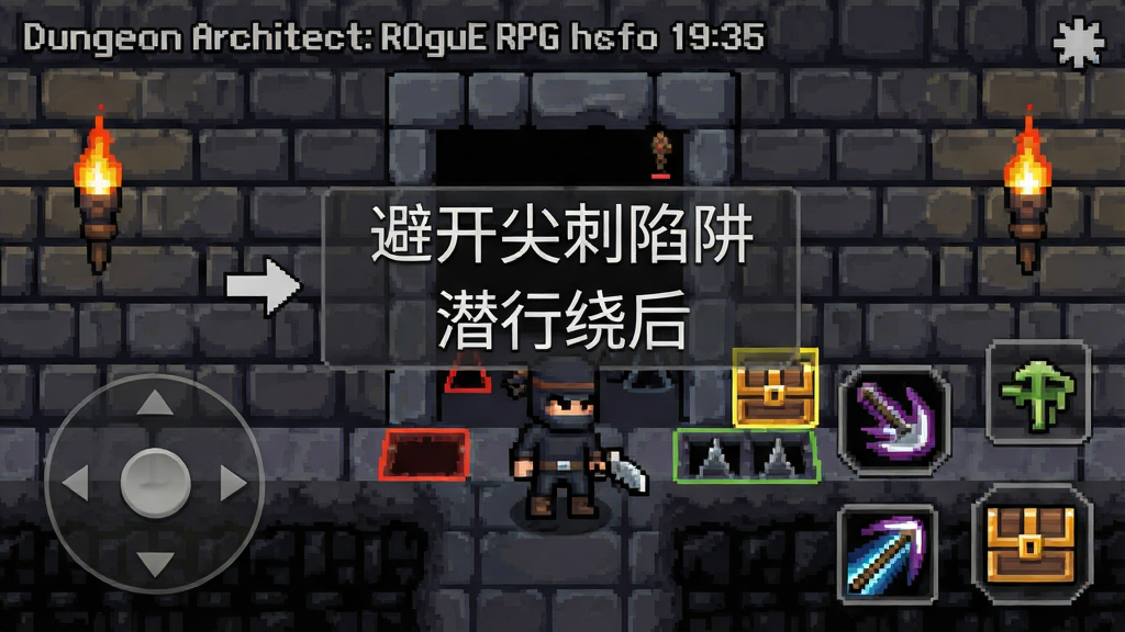 一张展示Dungeon Architect: Rogue RPG新手引导界面的竖版手机截图,画面中像素盗贼站在地牢入口,屏幕中央有半透明文字提示