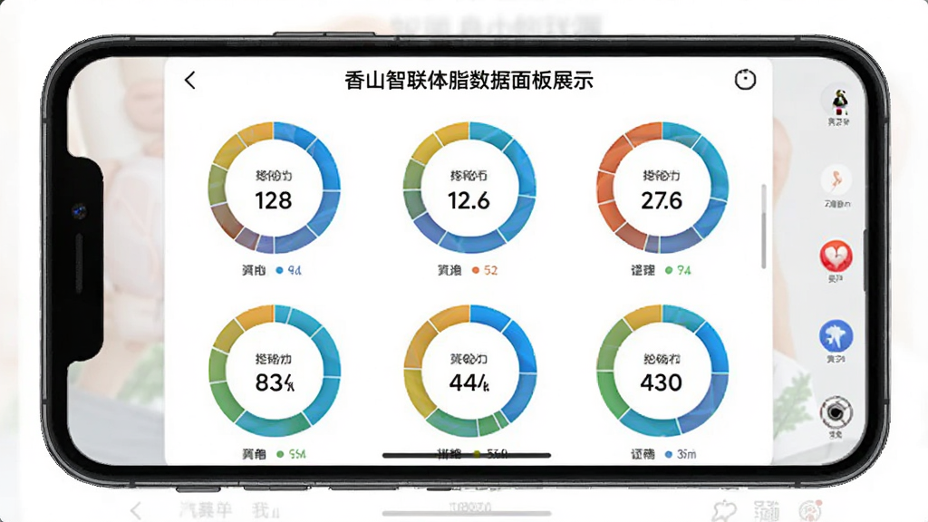 香山智联体脂数据面板展示,手机屏幕显示多项身体指标圆形图表,背景为白色简洁风格,居中布局,画质清晰干净