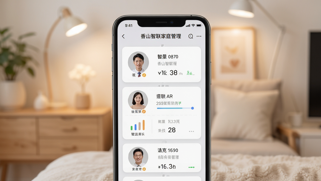 香山智联家庭成员管理界面,手机屏幕显示多个用户头像和数据卡片,背景为浅灰色温馨风格,居中排版,画质干净清晰