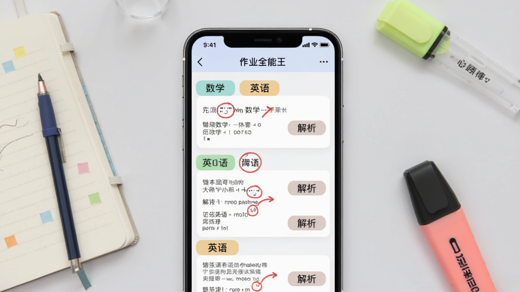 请生成一张“作业全能王”错题本功能展示图,画面中一部手机屏幕显示错题本界面,错题按数学、英语等标签分类排列,每道题旁有红色标记和解析按钮。背景为浅灰色,画面中有笔记本、荧光笔等学习用品点缀,风格简洁实用,画质清晰。