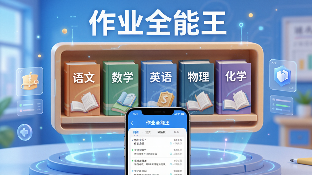 请生成一张展示“作业全能王”题库资源的图片,画面中央是悬浮的虚拟书架,书架上排列着语文、数学、英语、物理、化学等学科书籍,每本书封面清晰可见。书架前方有一部手机显示“作业全能王”APP的题库页面,整体风格科技感与教育感结合,色彩明亮,画质清晰。