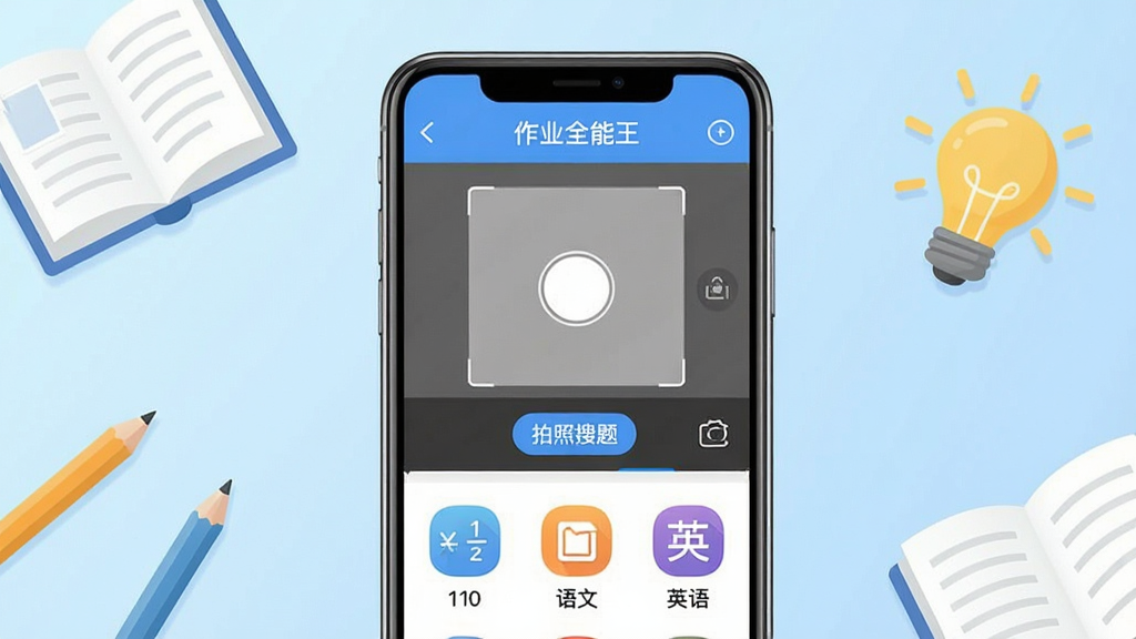 请生成一张手机应用界面展示图,画面中央是一部智能手机,屏幕显示“作业全能王”APP的拍照搜题界面,上方有相机取景框和“拍照搜题”按钮,下方列出数学、语文、英语等学科图标。背景为淡蓝色渐变,周围点缀书本、铅笔、灯泡等学习元素,整体风格清新简洁,画质清晰干净,无多余元素。