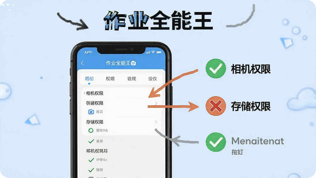 请生成一张“作业全能王”使用技巧示意图,画面中一部手机显示APP的权限设置页面,旁边有箭头指向“相机权限”“存储权限”等选项,并配有对勾和叉号图标。背景为浅蓝色,风格简洁明了,画质清晰,无多余元素。