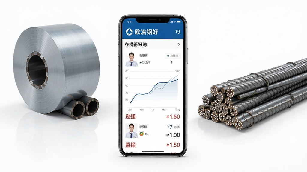 一张展示欧冶钢好在线钢材采购功能的场景图,画面中手机屏幕显示钢材产品列表与价格走势图,旁边有钢材卷板、螺纹钢等实物元素点缀,风格商务简约,布局清晰,画质高清,干净无多余元素